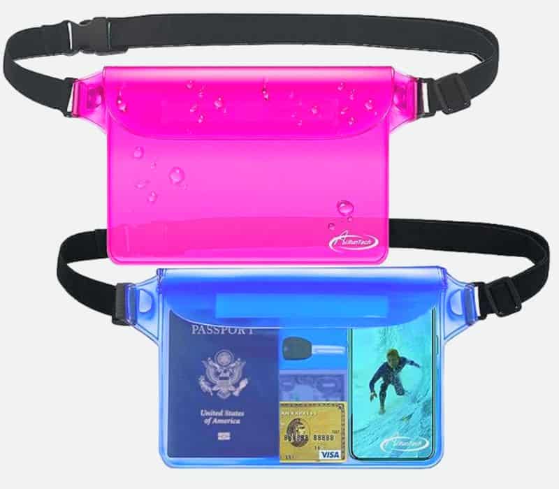two waterproof pouches, one pink and one blue